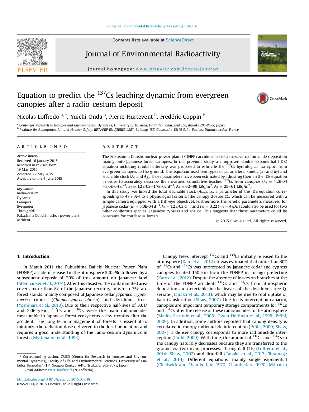 عکس صفحه اول مقاله: Equation to predict the 137Cs leaching dynamic from evergreen canopies after a radio-cesium deposit Equation to predict the 137Cs leaching dynamic from evergreen canopies after a radio-cesium deposit