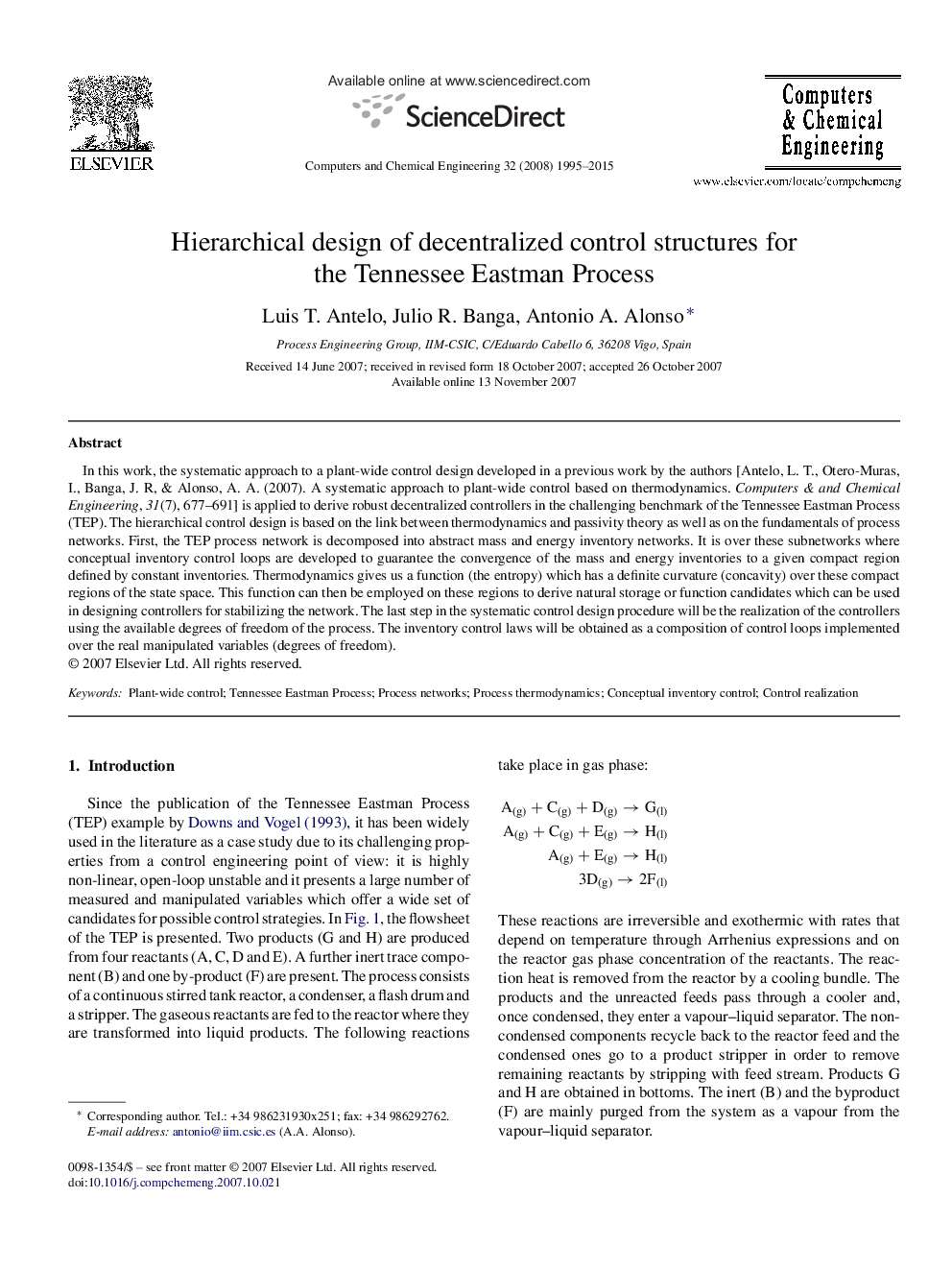 Hierarchical design of decentralized control structures for the Tennessee Eastman Process