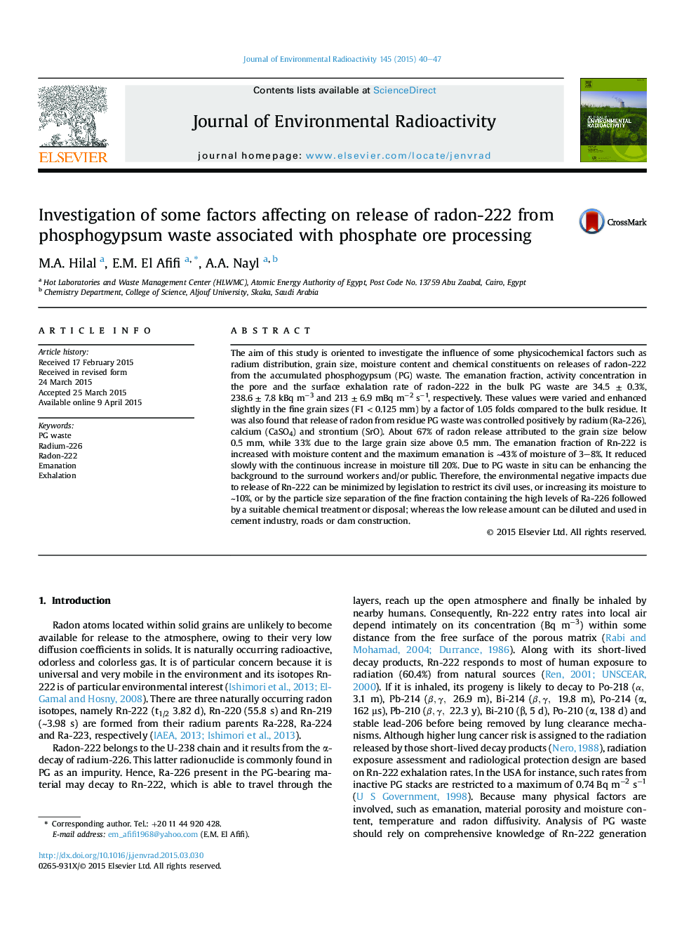 Investigation of some factors affecting on release of radon-222 from phosphogypsum waste associated with phosphate ore processing