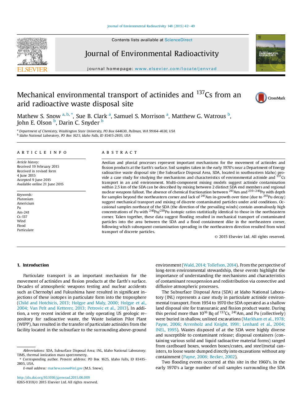 Mechanical environmental transport of actinides and 137Cs from an arid radioactive waste disposal site