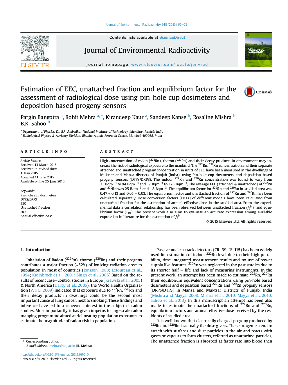 Estimation of EEC, unattached fraction and equilibrium factor for the assessment of radiological dose using pin-hole cup dosimeters and deposition based progeny sensors