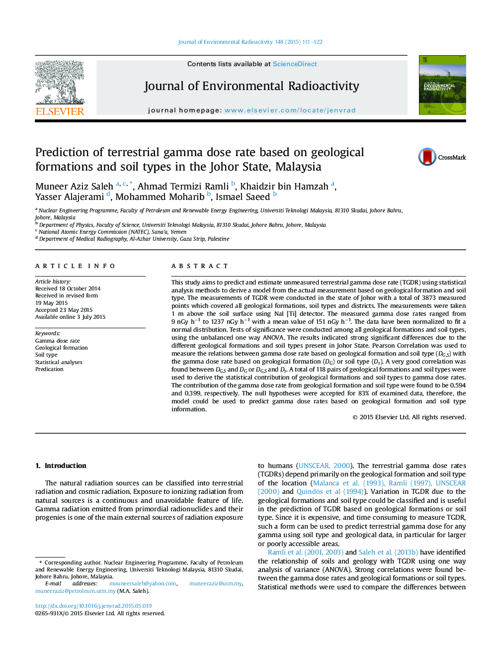 Prediction of terrestrial gamma dose rate based on geological formations and soil types in the Johor State, Malaysia