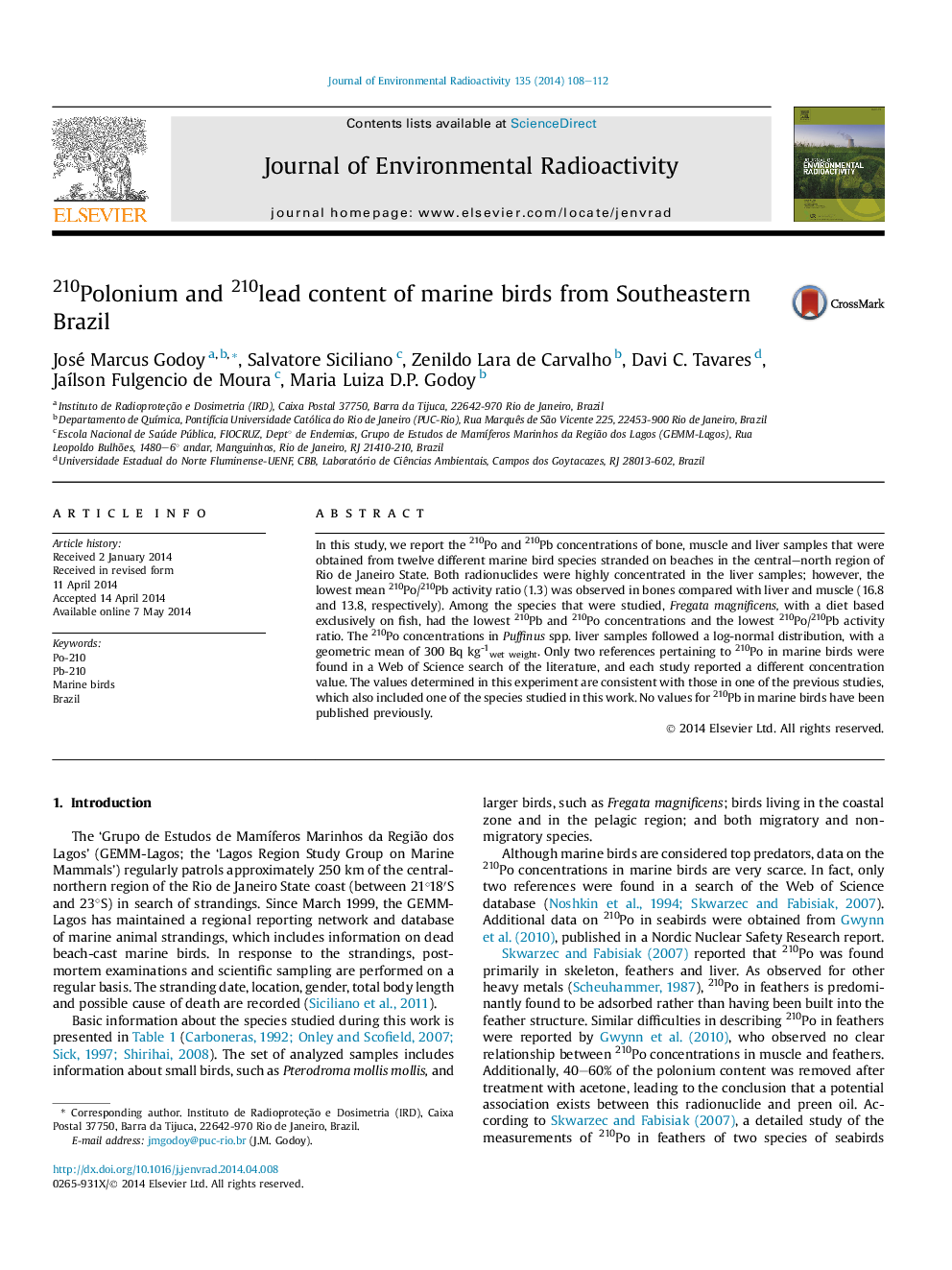 210Polonium and 210lead content of marine birds from Southeastern Brazil