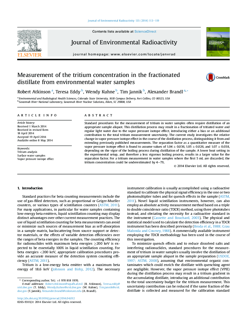 Measurement of the tritium concentration in the fractionated distillate from environmental water samples