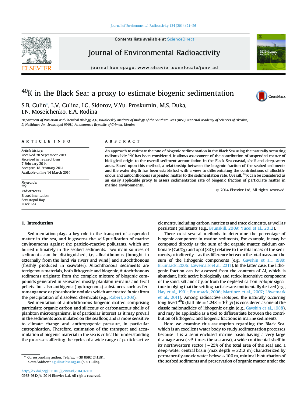 40K in the Black Sea: a proxy to estimate biogenic sedimentation