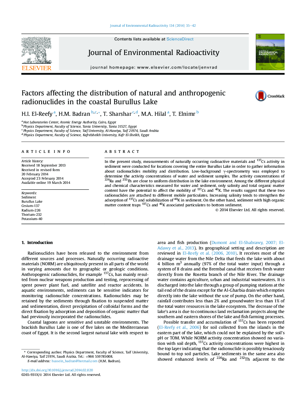 Factors affecting the distribution of natural and anthropogenic radionuclides in the coastal Burullus Lake