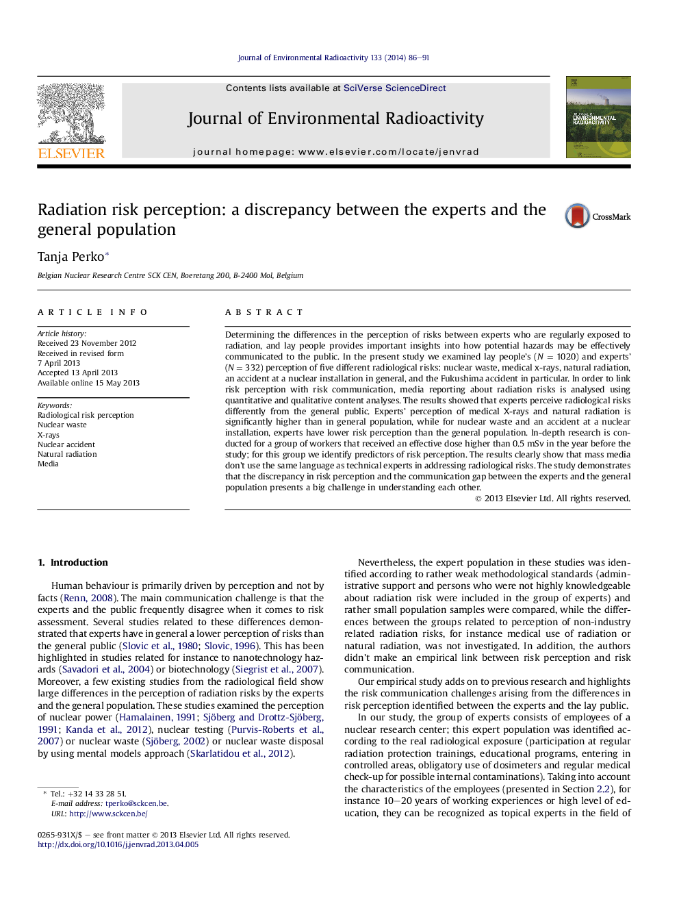 Radiation risk perception: a discrepancy between the experts and the general population