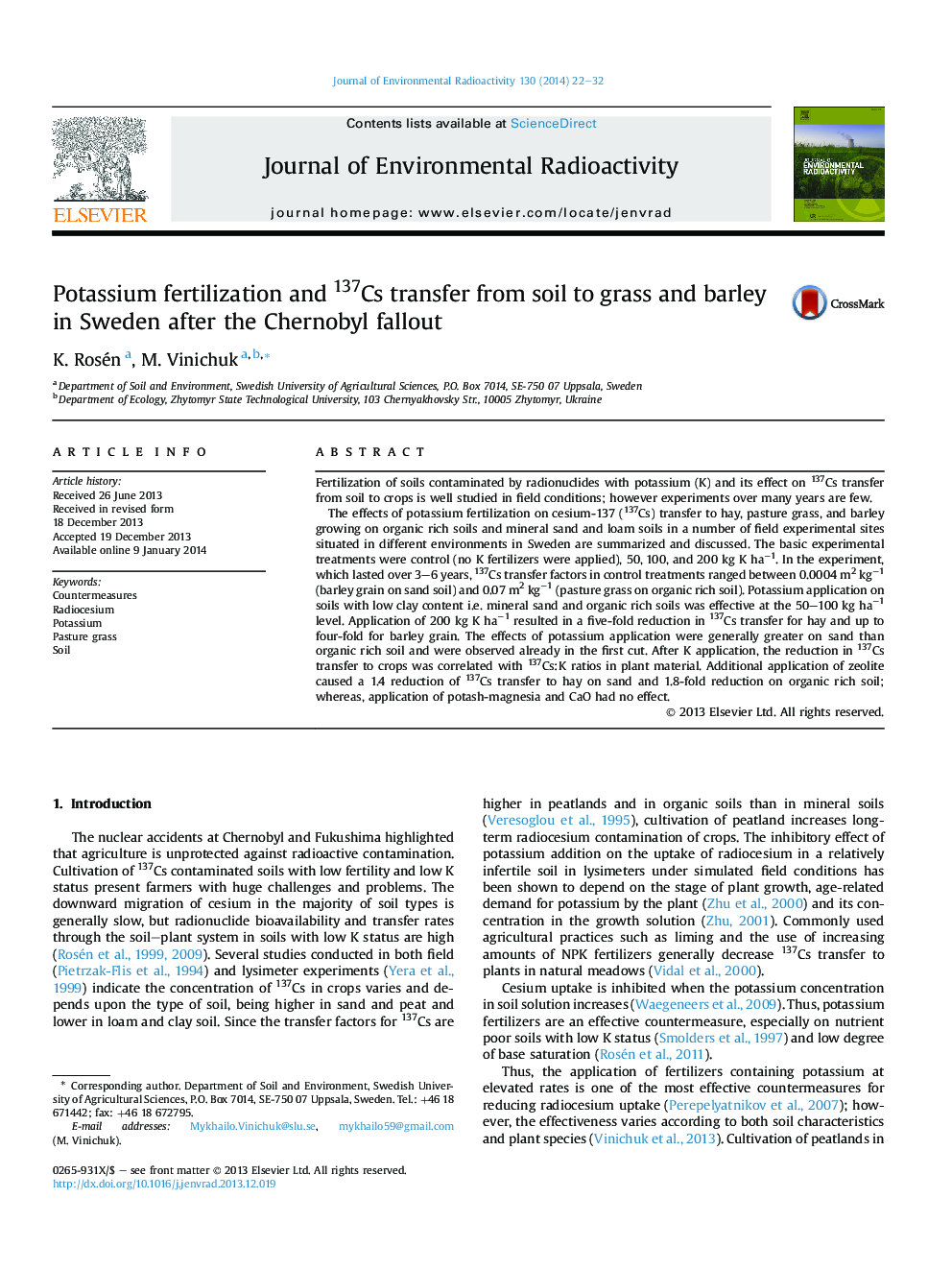 Potassium fertilization and 137Cs transfer from soil to grass and barley in Sweden after the Chernobyl fallout