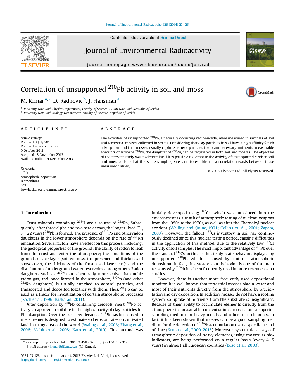 Correlation of unsupported 210Pb activity in soil and moss