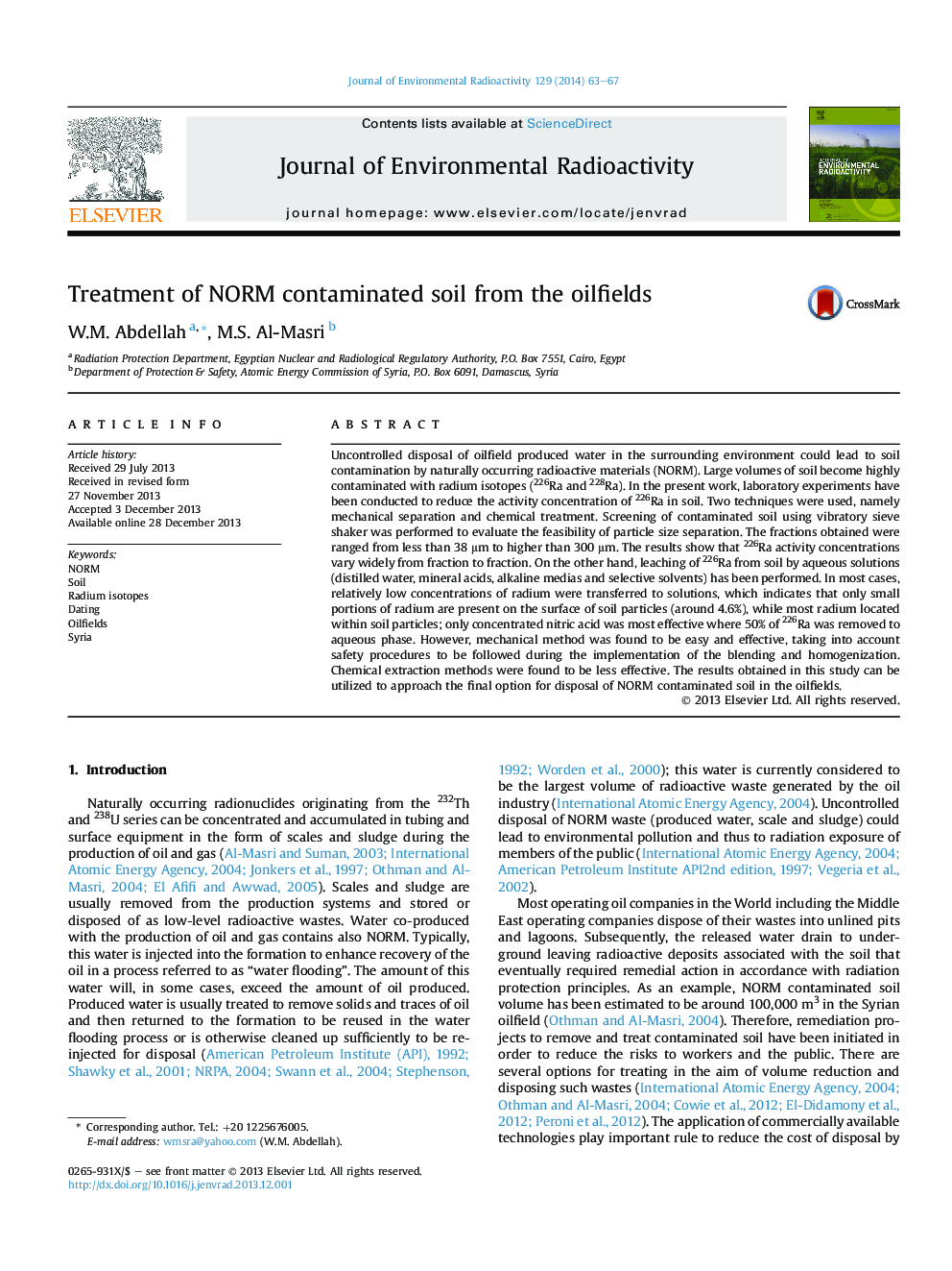 Treatment of NORM contaminated soil from the oilfields