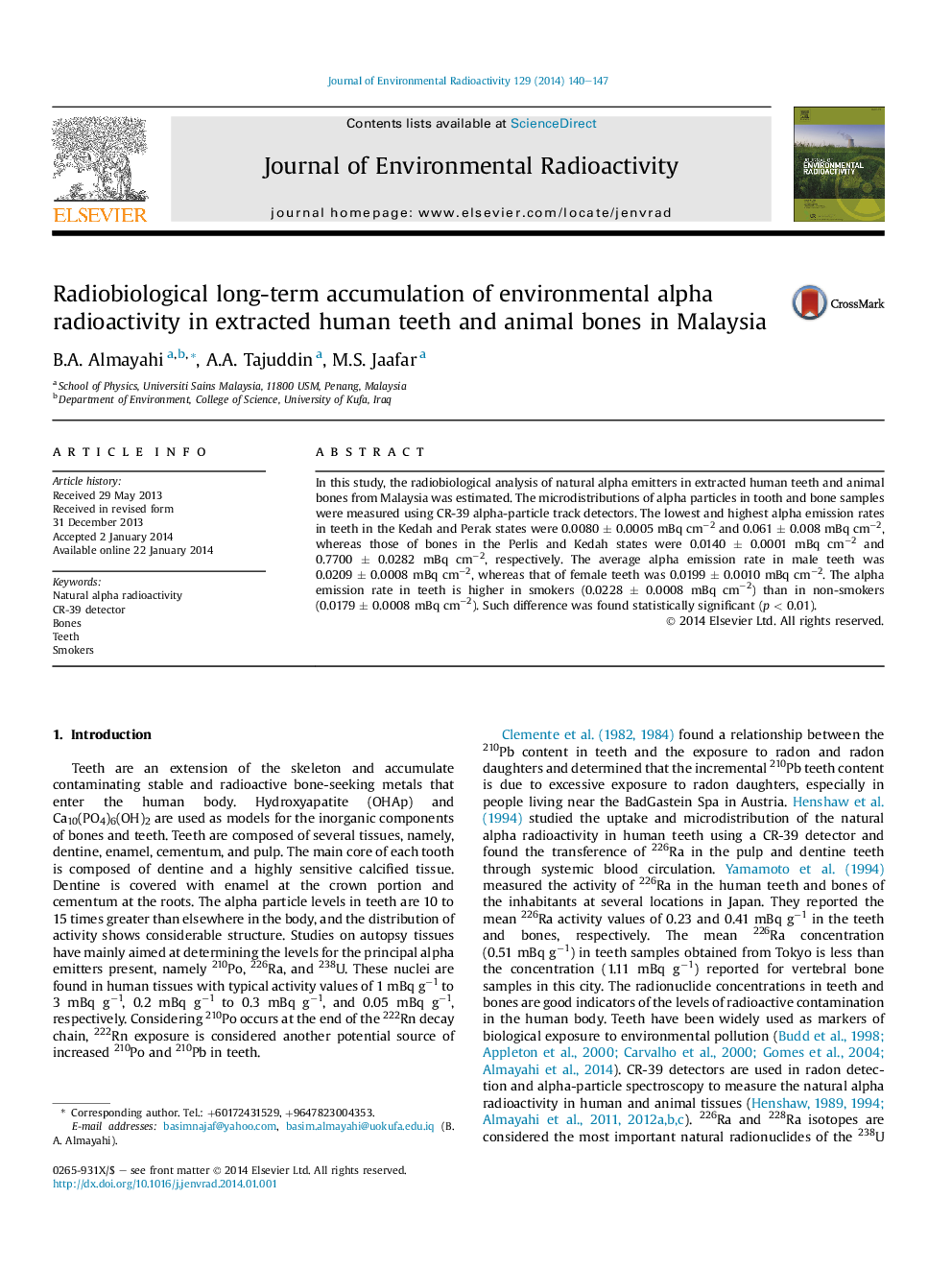 Radiobiological long-term accumulation of environmental alpha radioactivity in extracted human teeth and animal bones in Malaysia