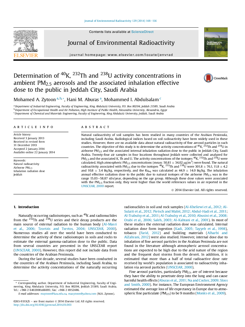 Determination of 40K, 232Th and 238U activity concentrations in ambient PM2.5 aerosols and the associated inhalation effective dose to the public in Jeddah City, Saudi Arabia