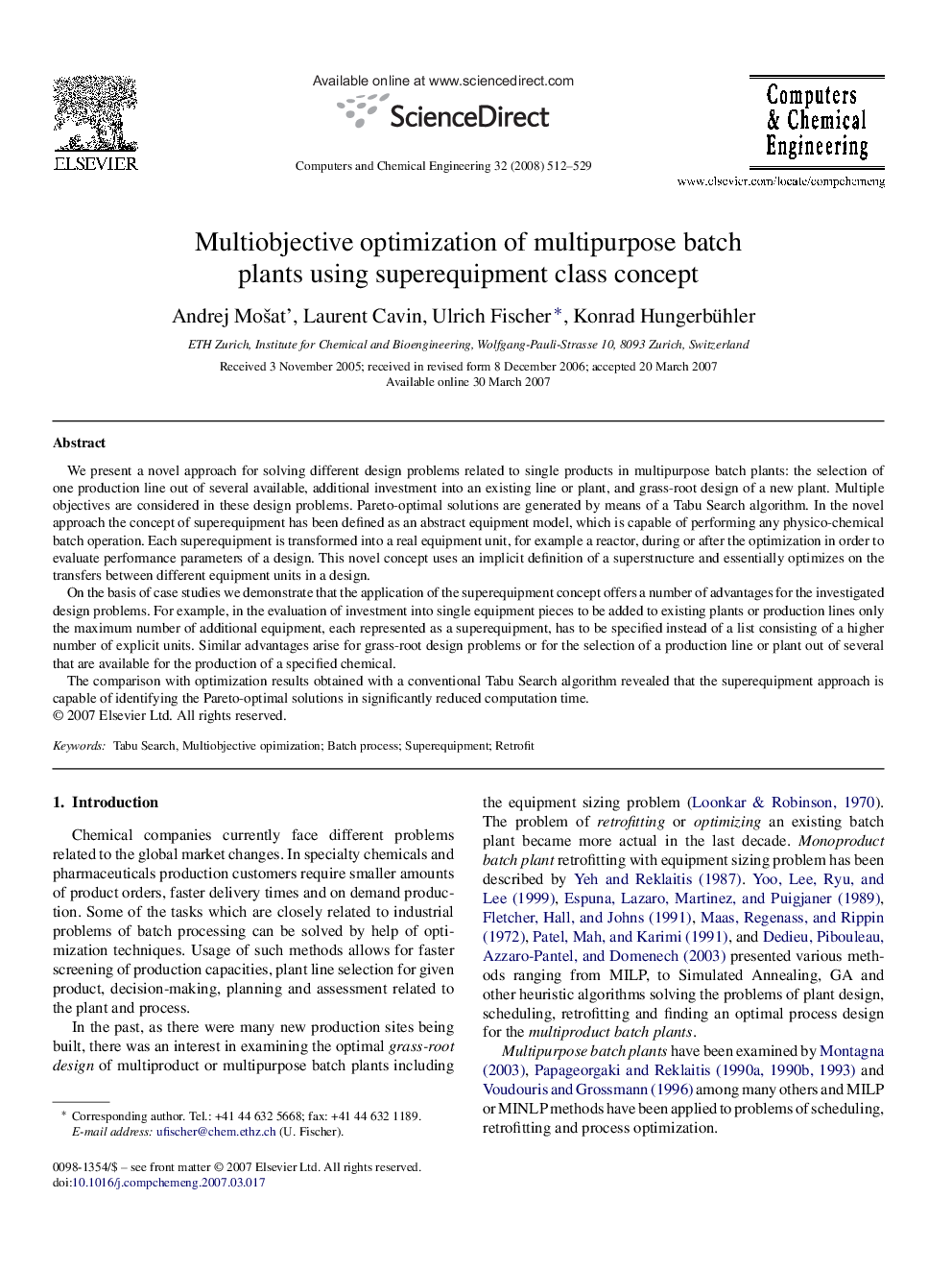 Multiobjective optimization of multipurpose batch plants using superequipment class concept