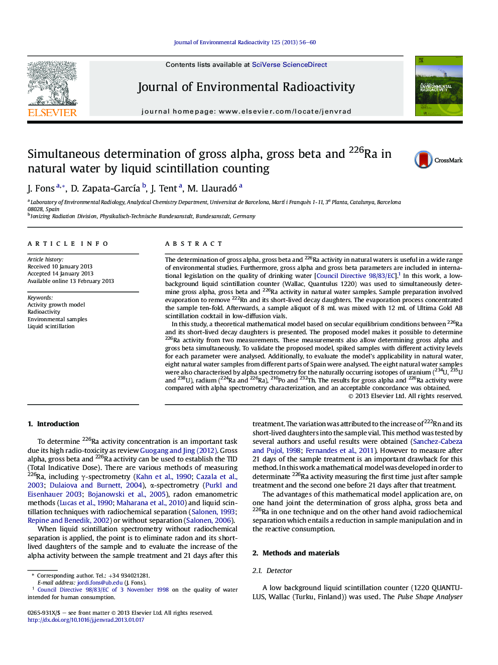 Simultaneous determination of gross alpha, gross beta and 226Ra in natural water by liquid scintillation counting