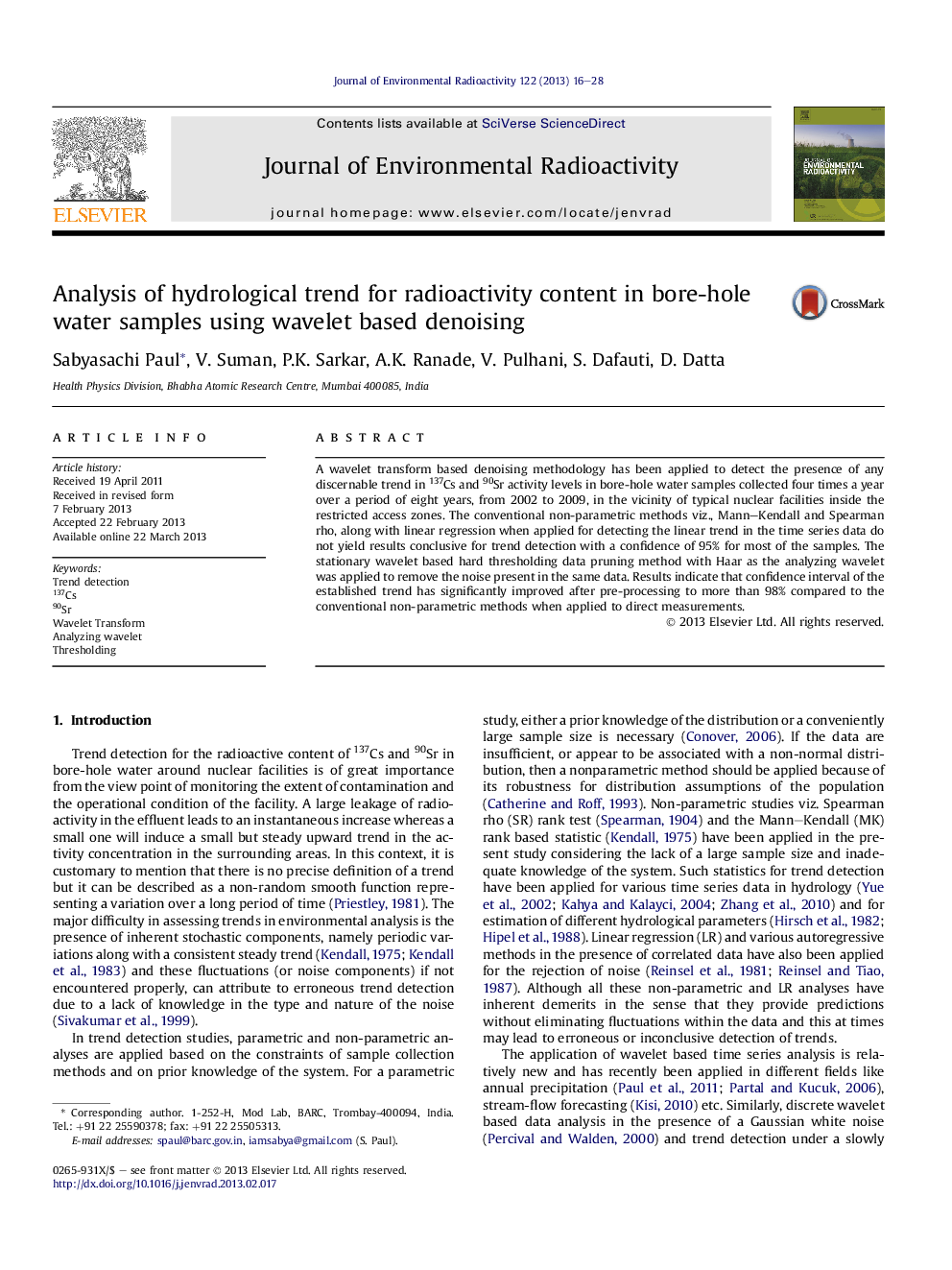 Analysis of hydrological trend for radioactivity content in bore-hole water samples using wavelet based denoising