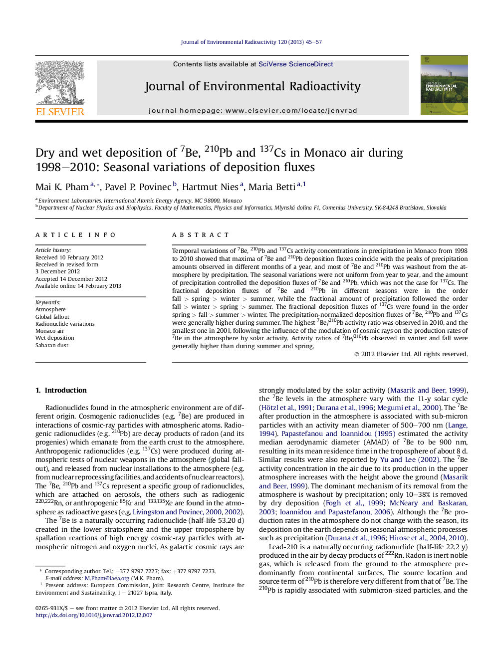 Dry and wet deposition of 7Be, 210Pb and 137Cs in Monaco air during 1998–2010: Seasonal variations of deposition fluxes