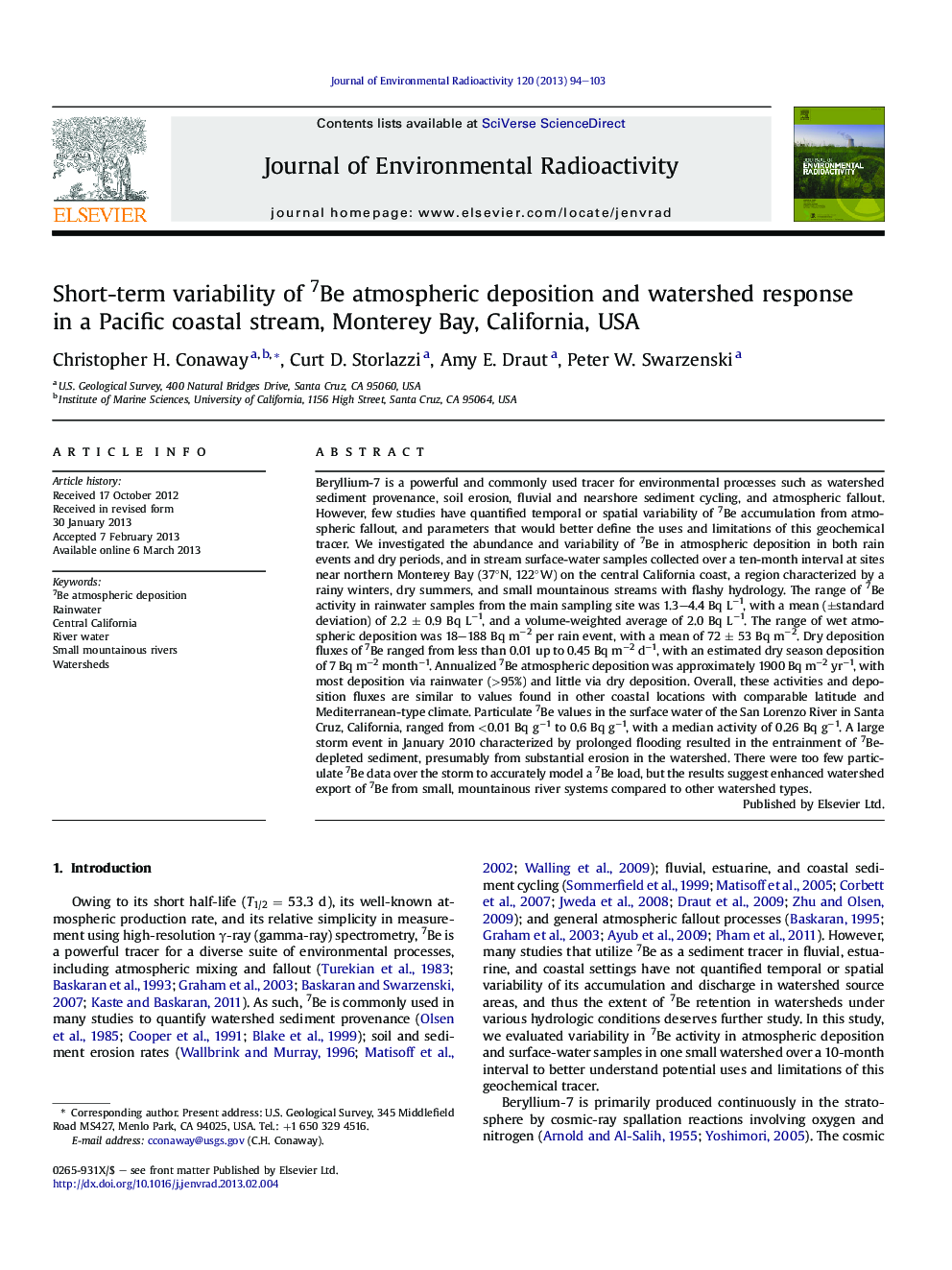 Short-term variability of 7Be atmospheric deposition and watershed response in a Pacific coastal stream, Monterey Bay, California, USA