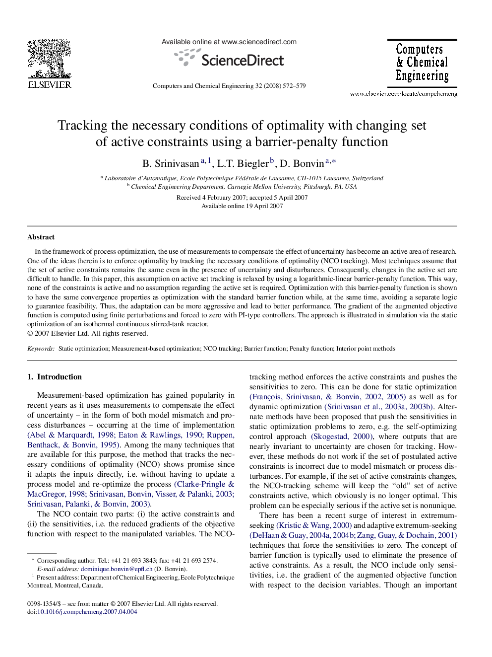 Tracking the necessary conditions of optimality with changing set of active constraints using a barrier-penalty function