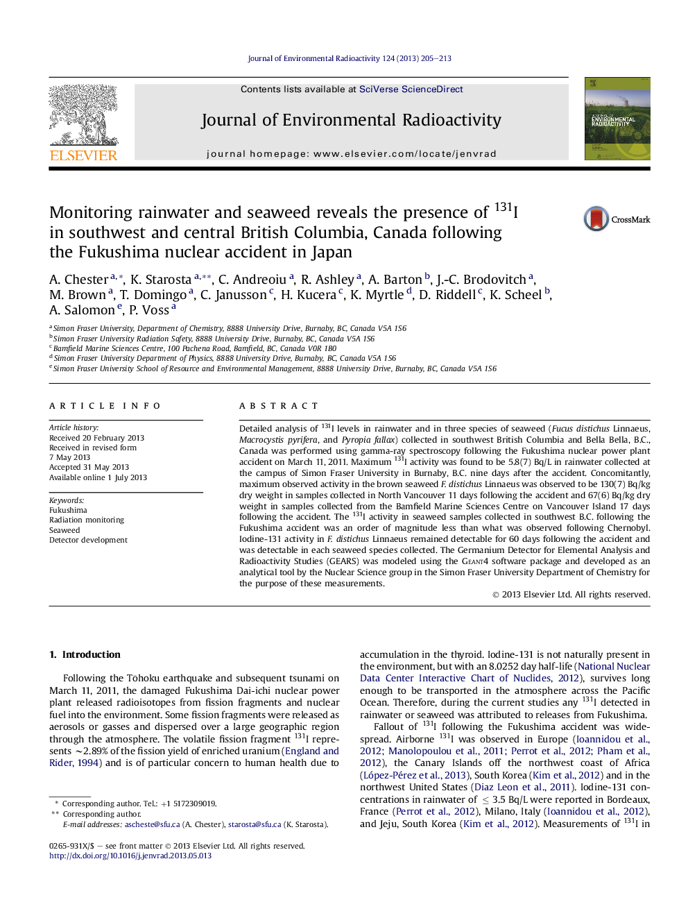 Monitoring rainwater and seaweed reveals the presence of 131I in southwest and central British Columbia, Canada following the Fukushima nuclear accident in Japan