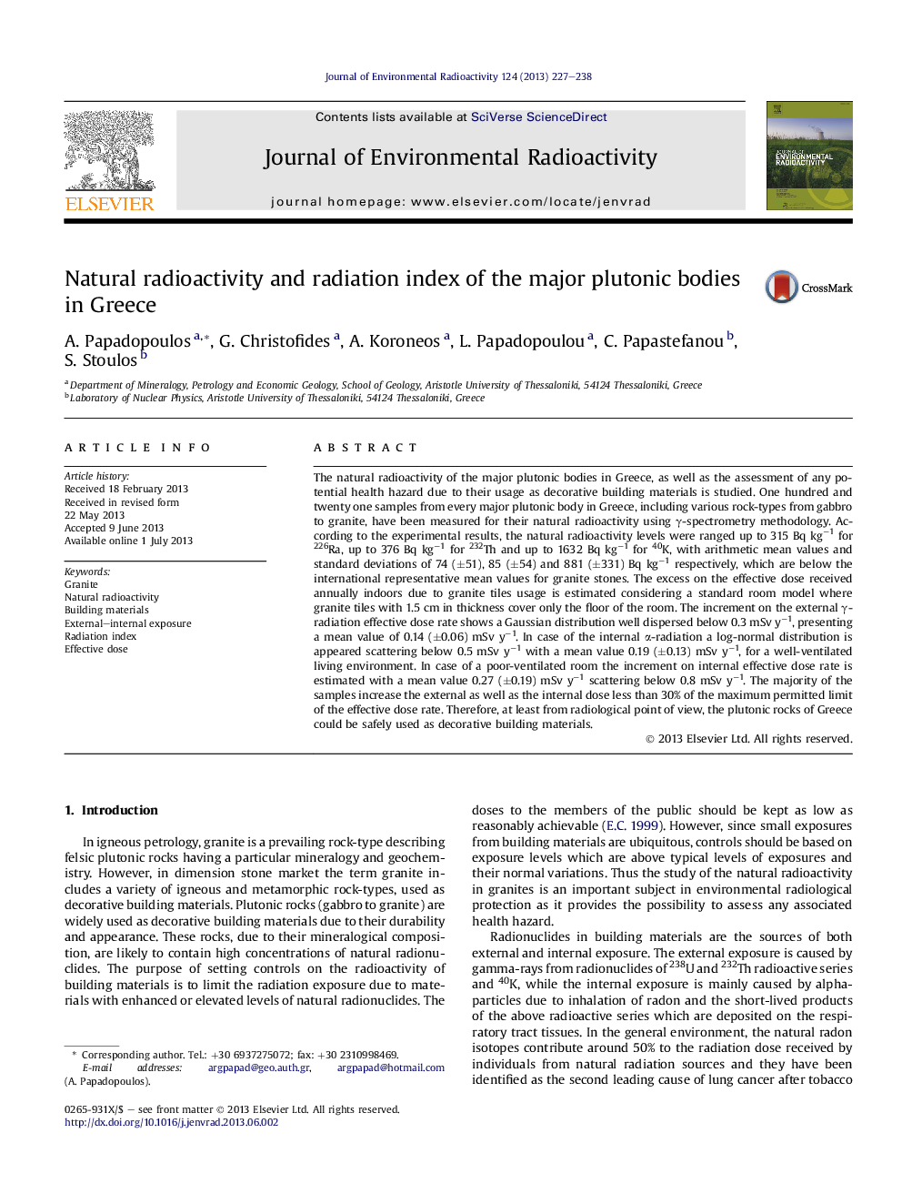 Natural radioactivity and radiation index of the major plutonic bodies in Greece