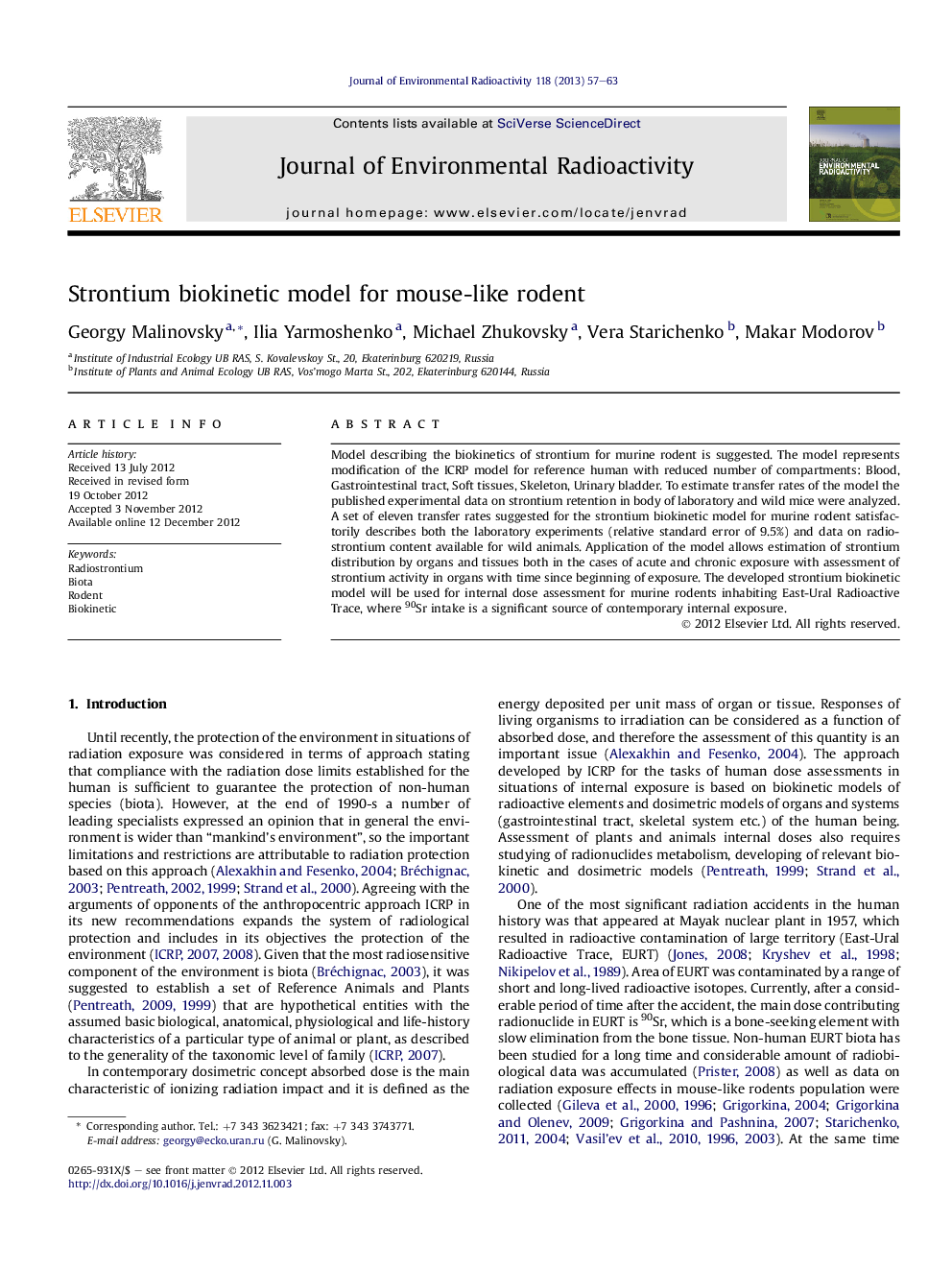 Strontium biokinetic model for mouse-like rodent