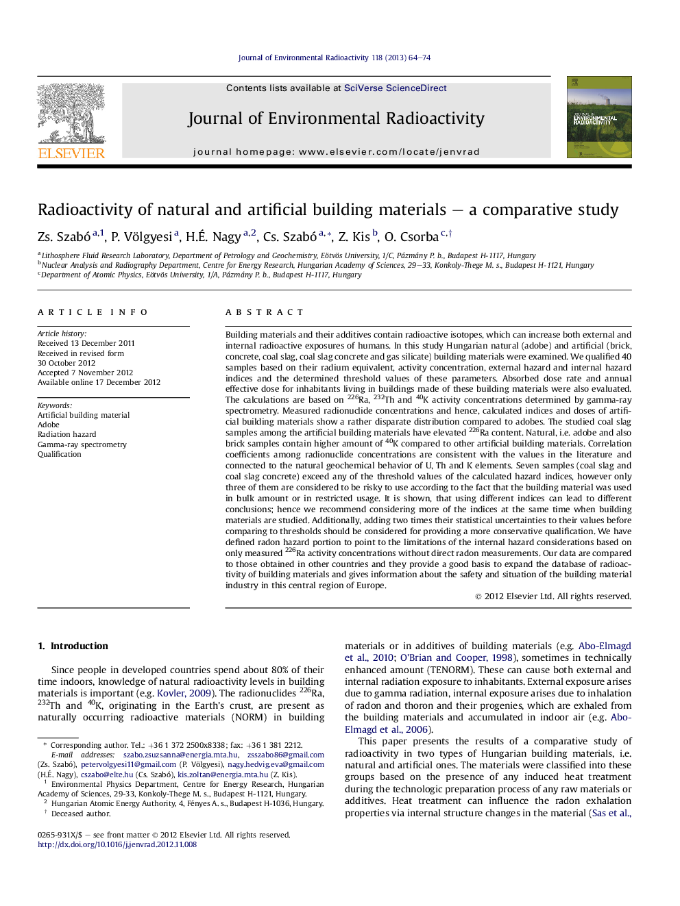 Radioactivity of natural and artificial building materials – a comparative study