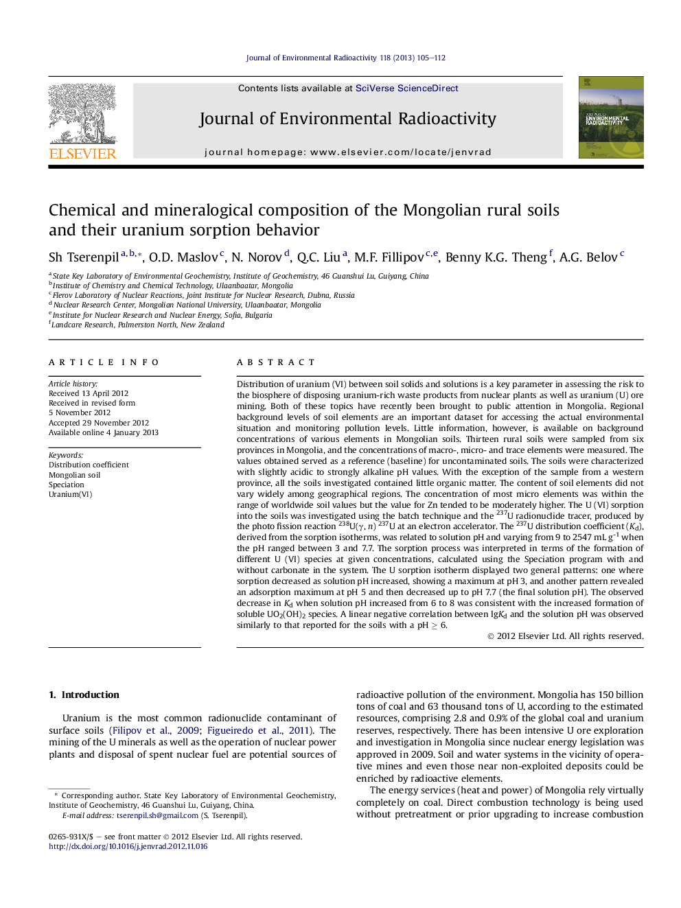 Chemical and mineralogical composition of the Mongolian rural soils and their uranium sorption behavior