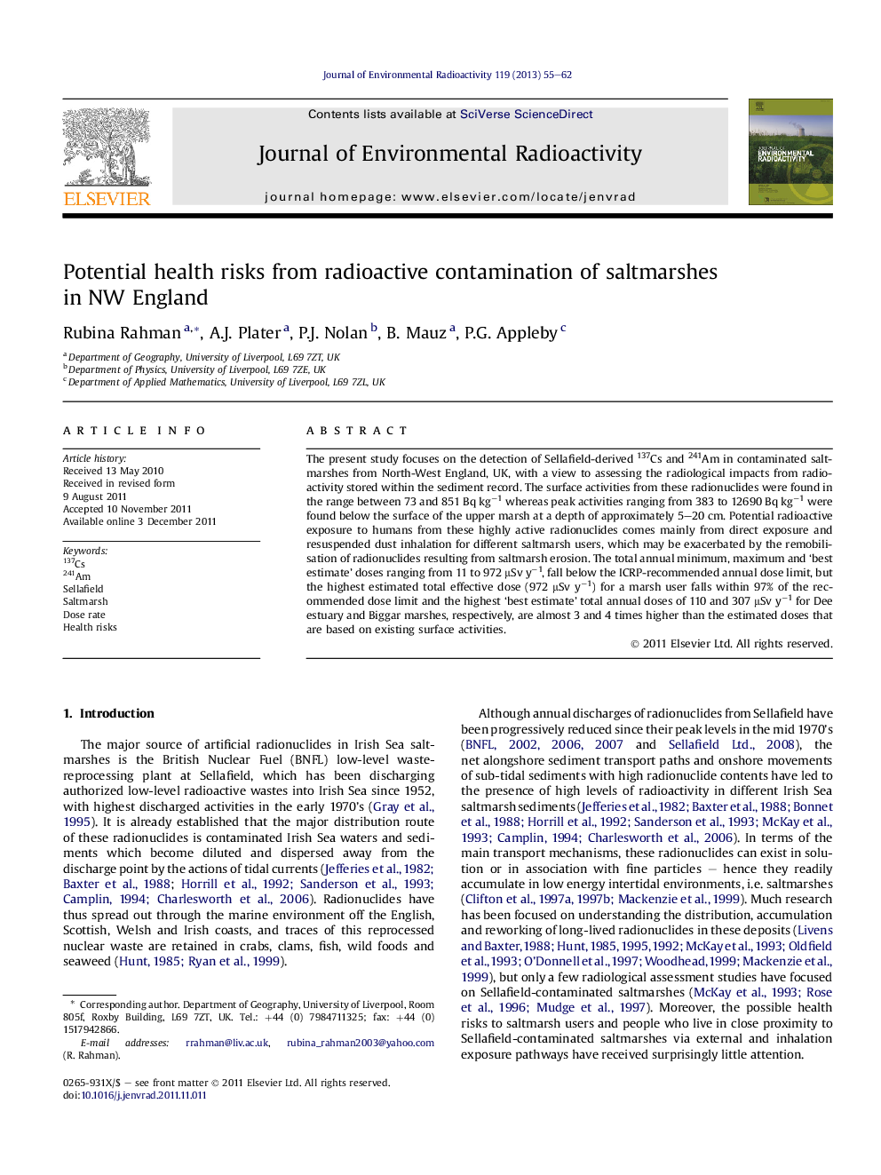 Potential health risks from radioactive contamination of saltmarshes in NW England