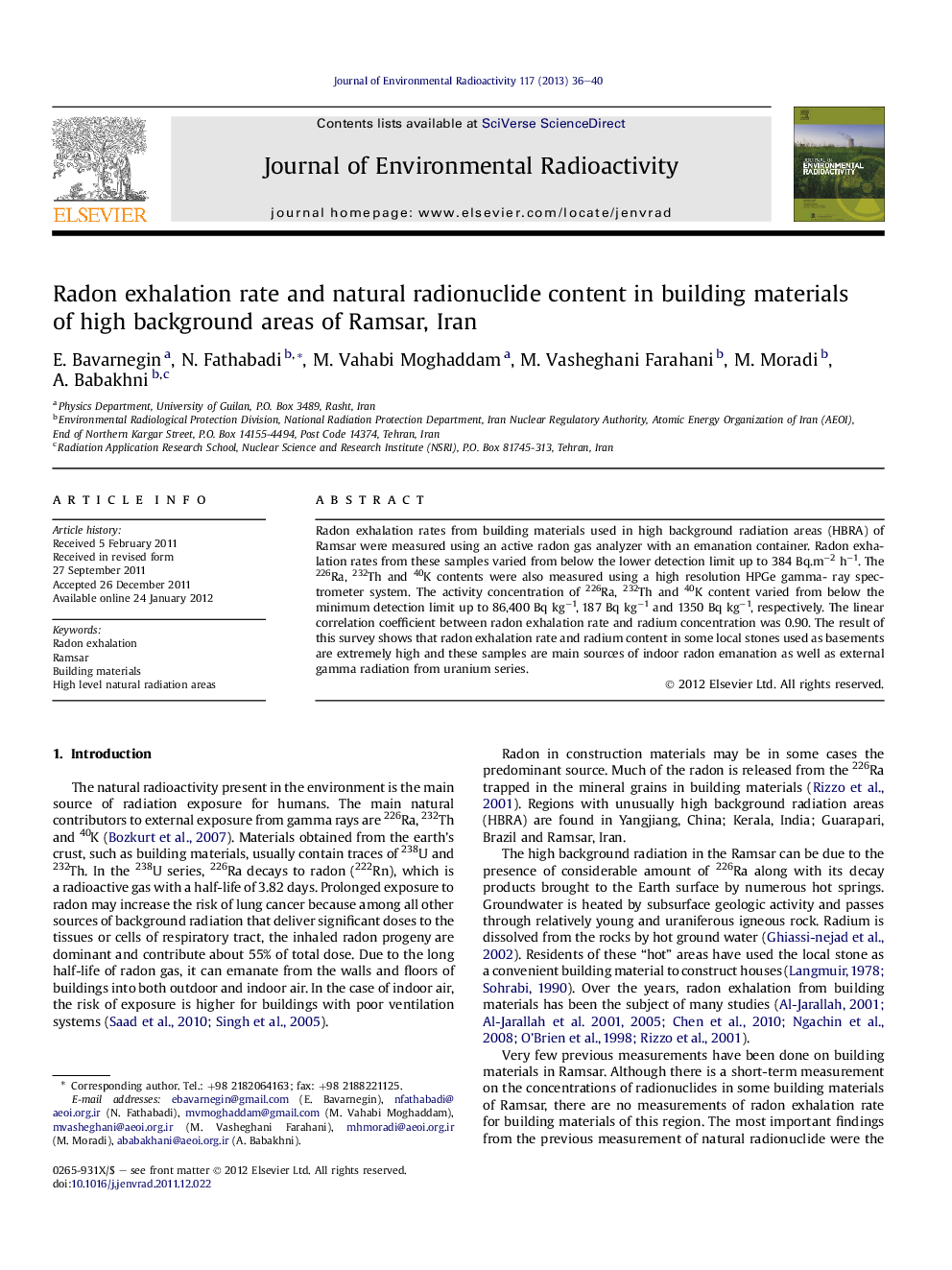 Radon exhalation rate and natural radionuclide content in building materials of high background areas of Ramsar, Iran