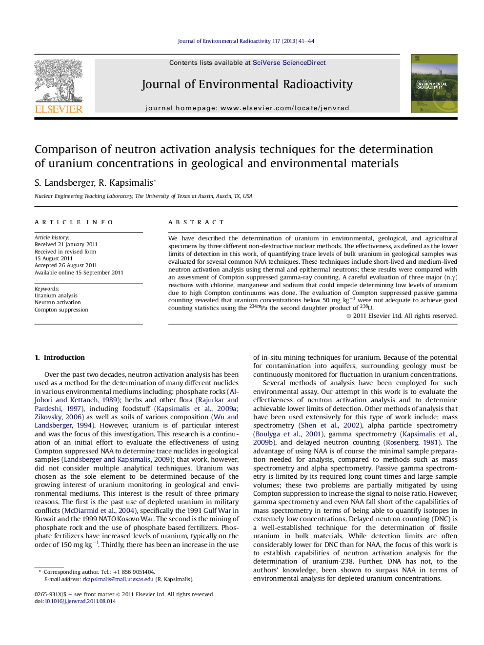 Comparison of neutron activation analysis techniques for the determination of uranium concentrations in geological and environmental materials