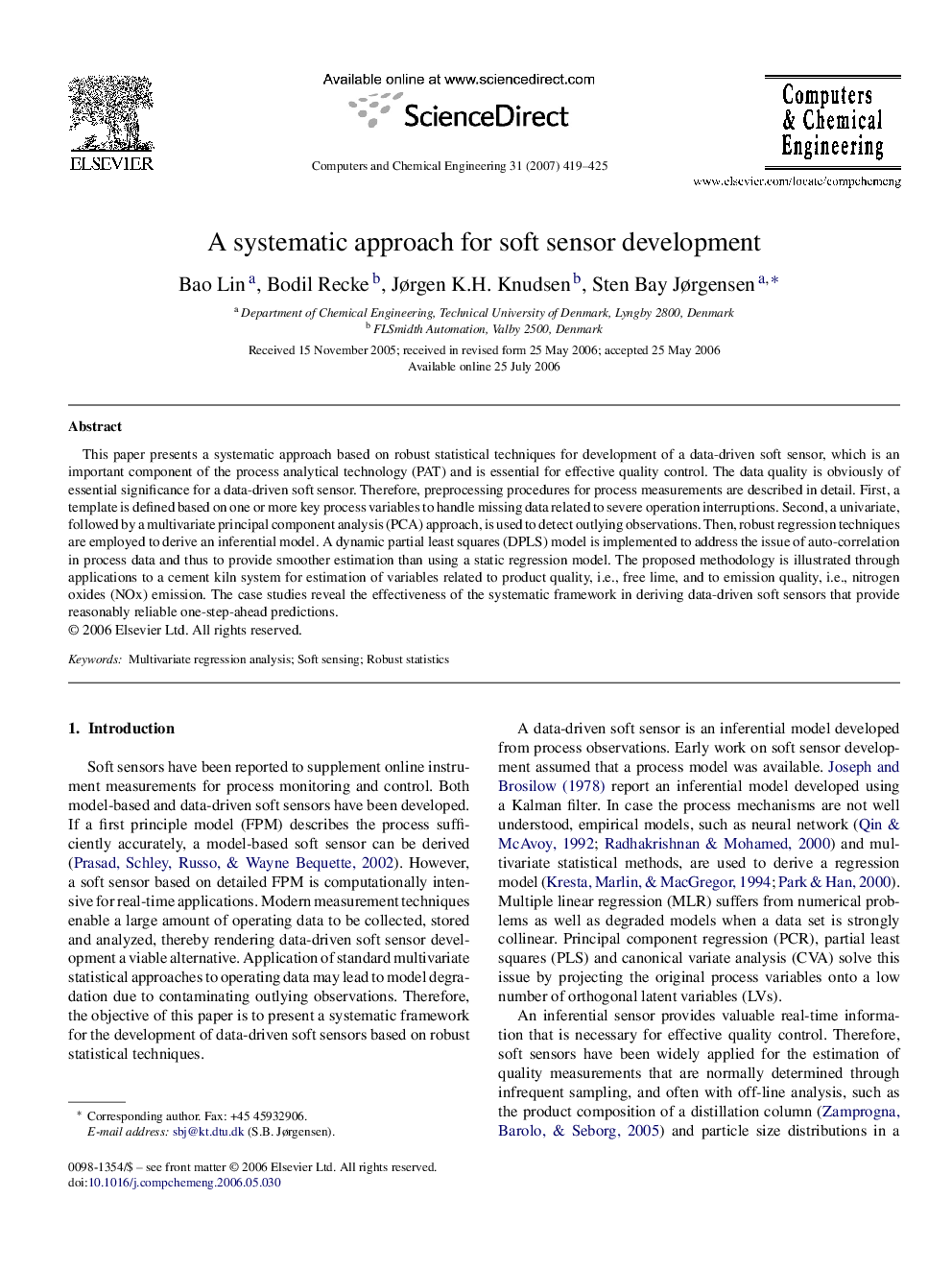 A systematic approach for soft sensor development