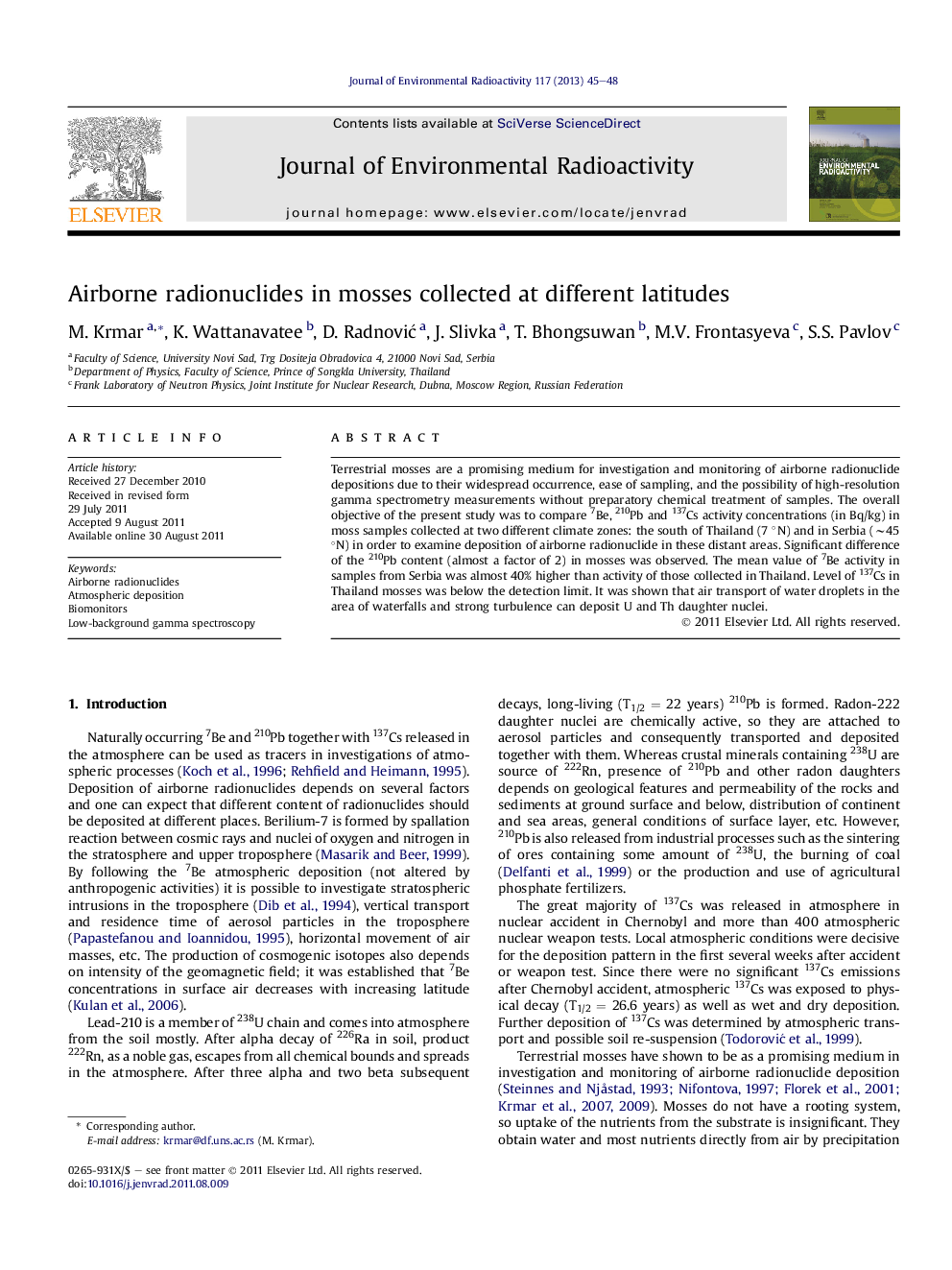 Airborne radionuclides in mosses collected at different latitudes