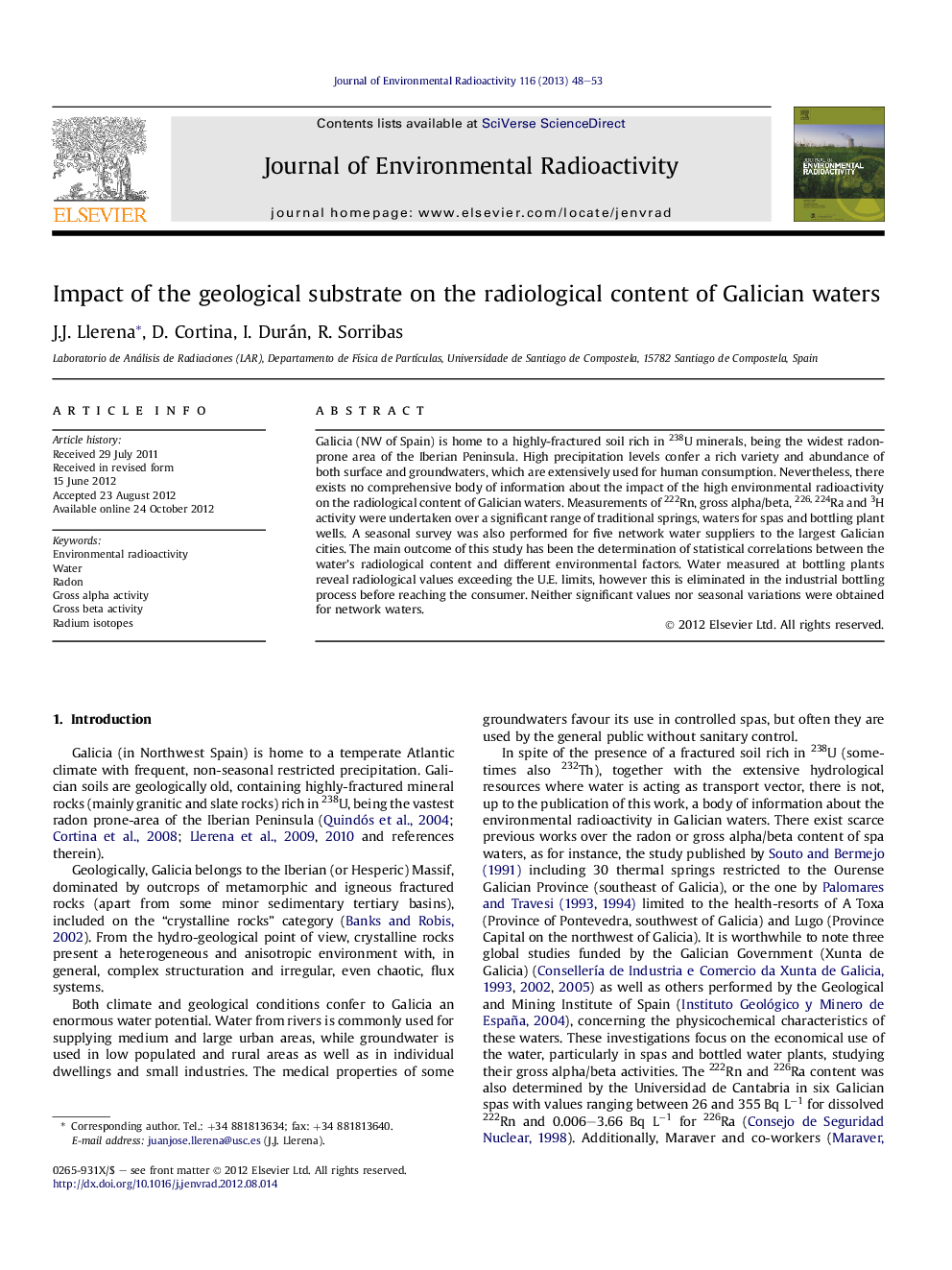 Impact of the geological substrate on the radiological content of Galician waters