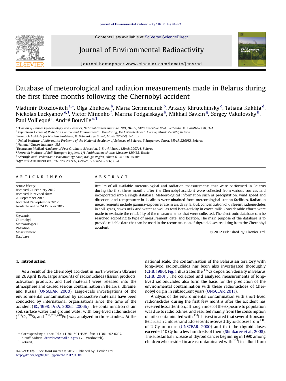 Database of meteorological and radiation measurements made in Belarus during the first three months following the Chernobyl accident