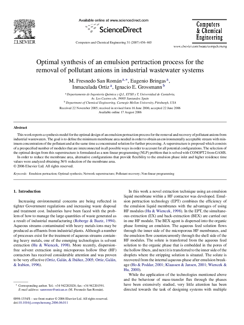 Optimal synthesis of an emulsion pertraction process for the removal of pollutant anions in industrial wastewater systems