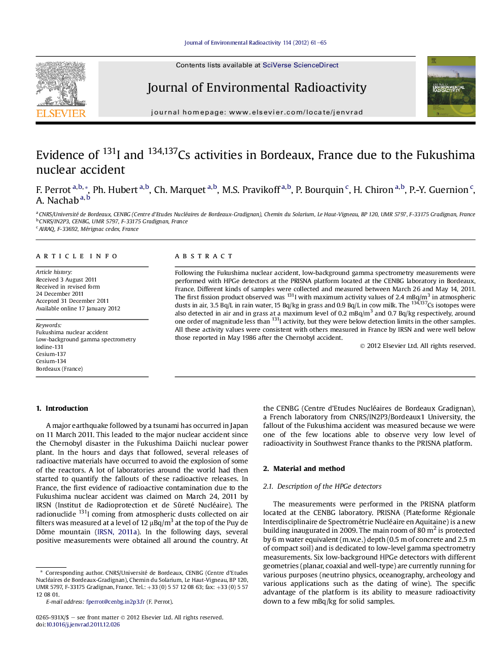 Evidence of 131I and 134,137Cs activities in Bordeaux, France due to the Fukushima nuclear accident