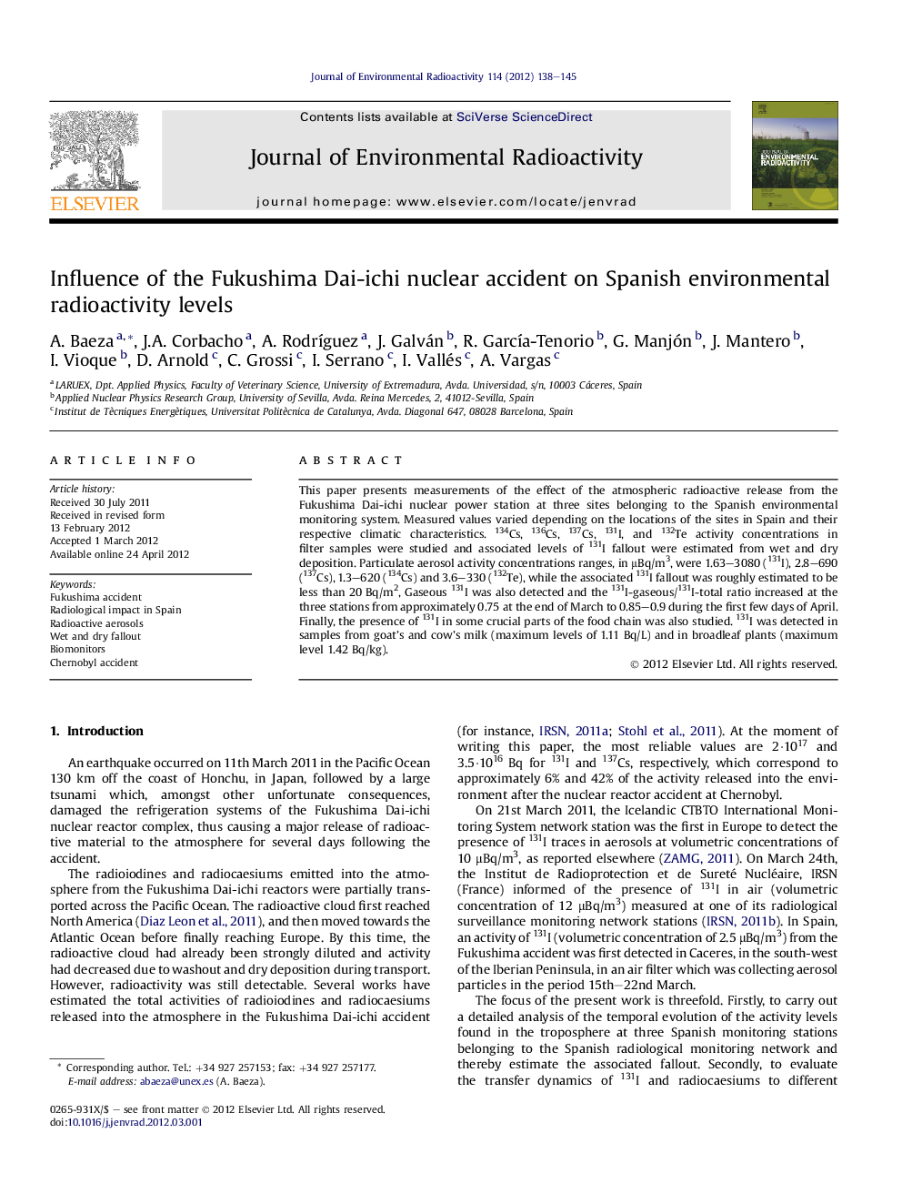 Influence of the Fukushima Dai-ichi nuclear accident on Spanish environmental radioactivity levels