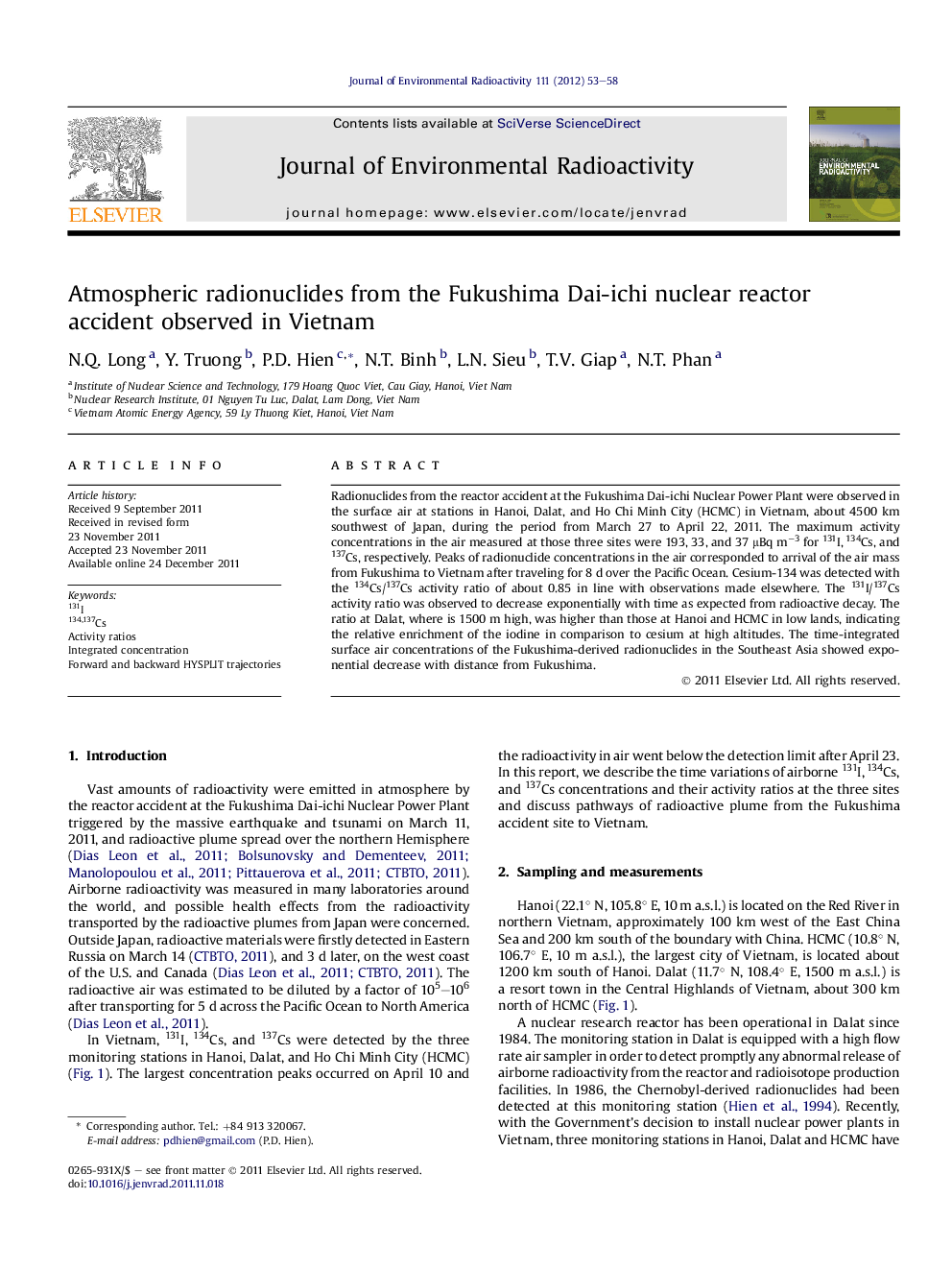 Atmospheric radionuclides from the Fukushima Dai-ichi nuclear reactor accident observed in Vietnam