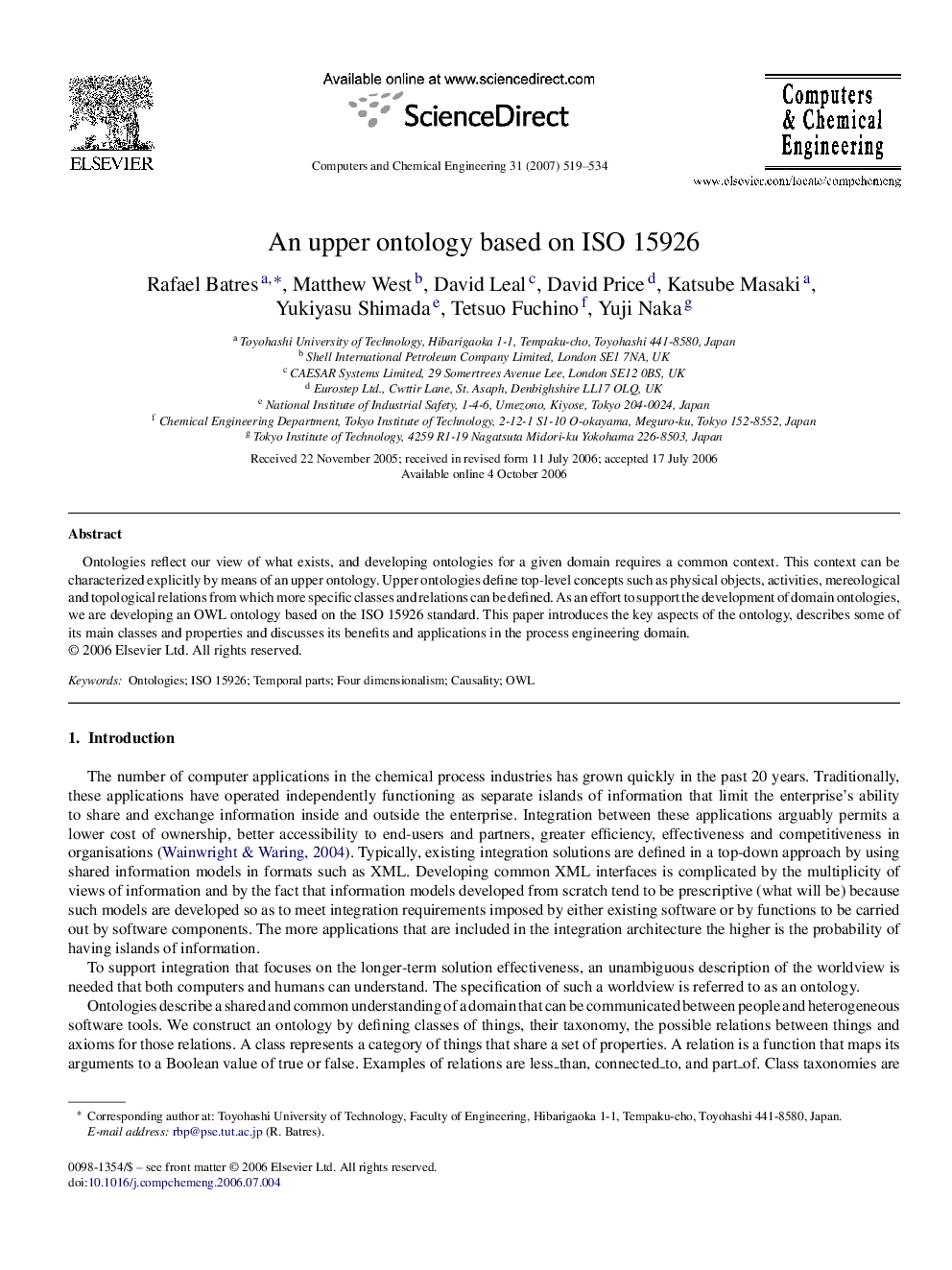 An upper ontology based on ISO 15926