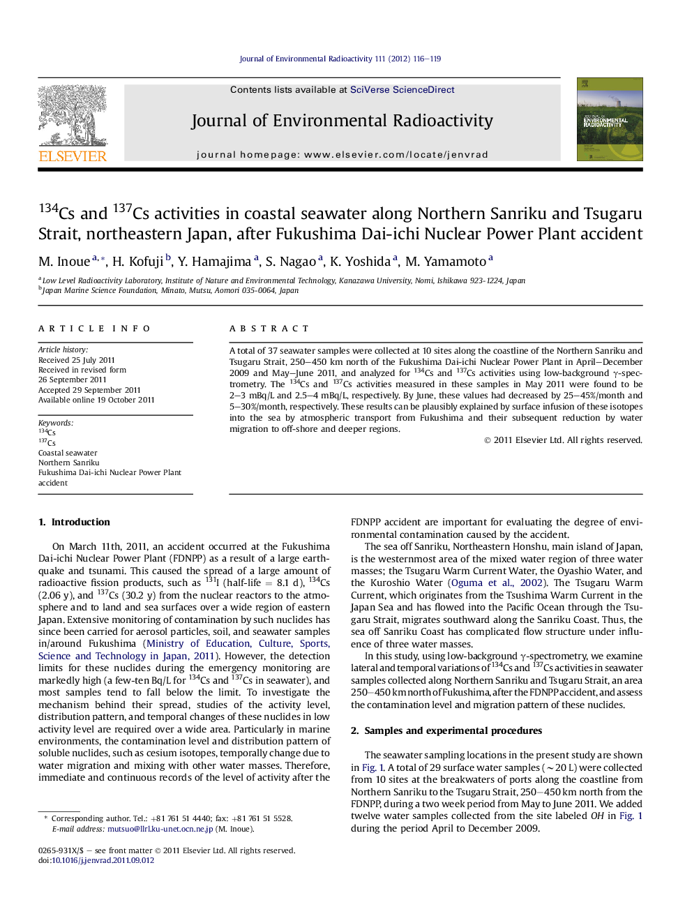 134Cs and 137Cs activities in coastal seawater along Northern Sanriku and Tsugaru Strait, northeastern Japan, after Fukushima Dai-ichi Nuclear Power Plant accident