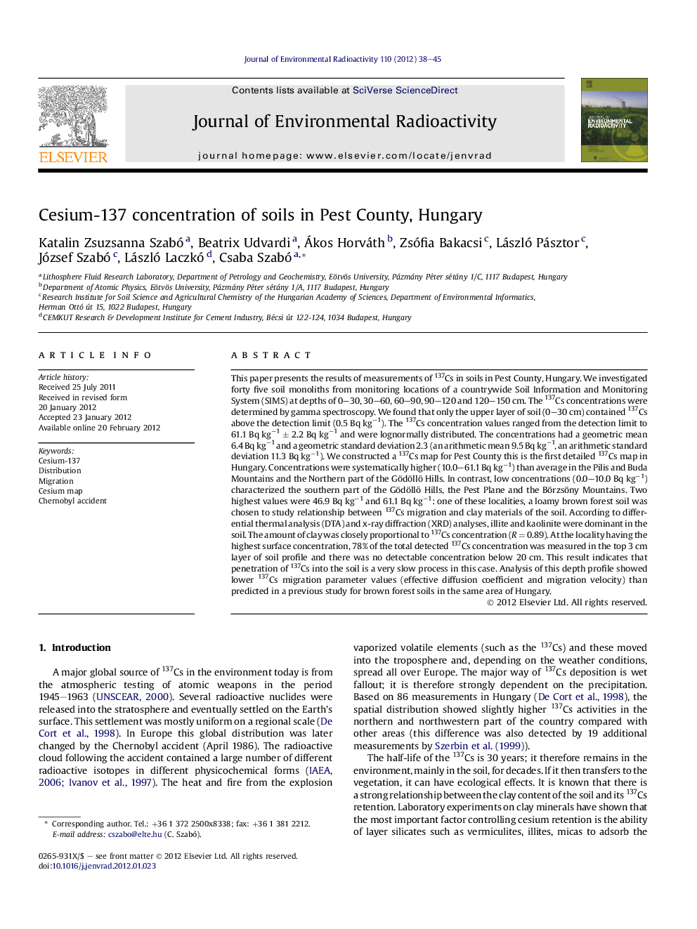 Cesium-137 concentration of soils in Pest County, Hungary