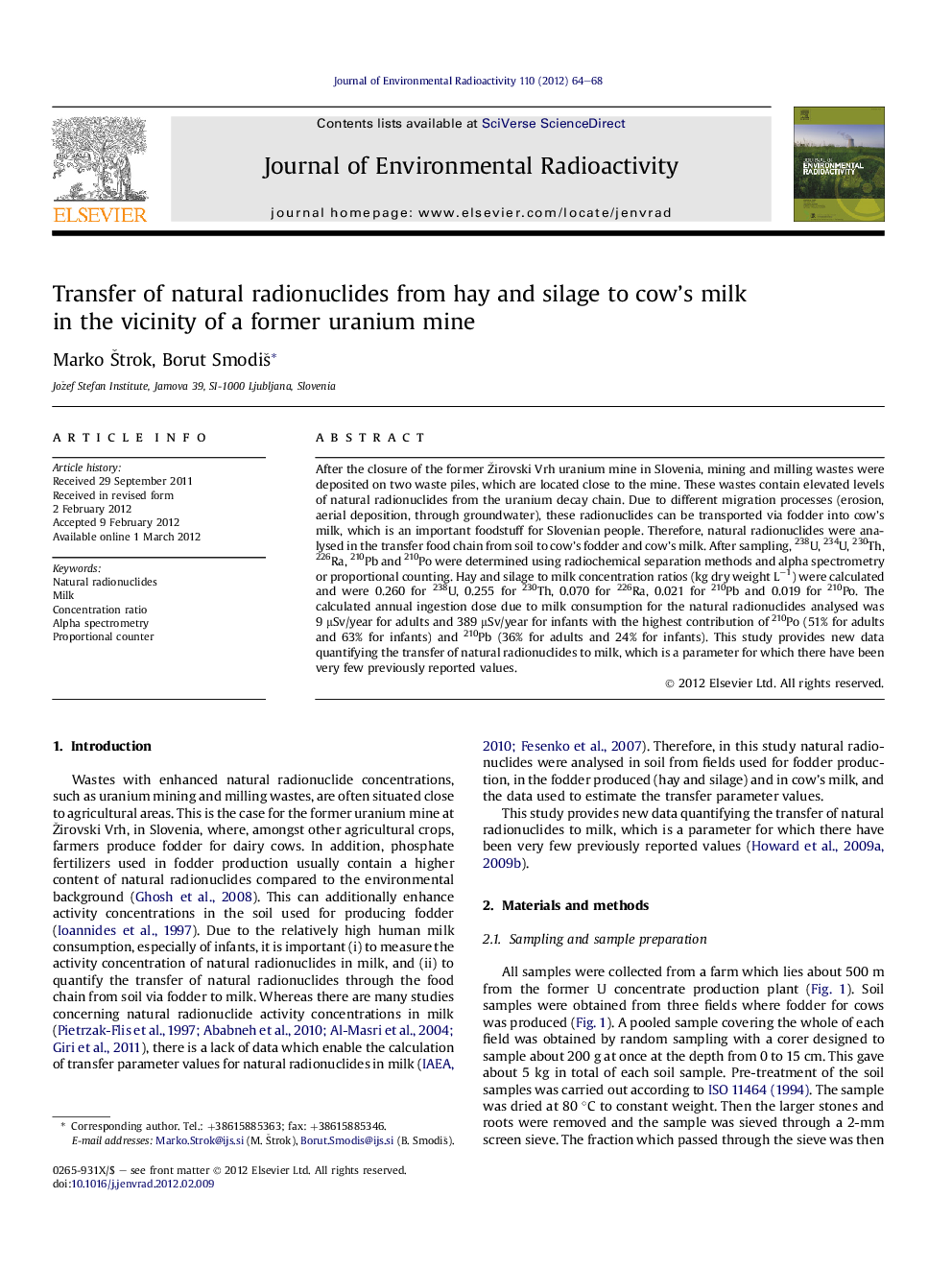 Transfer of natural radionuclides from hay and silage to cow’s milk in the vicinity of a former uranium mine