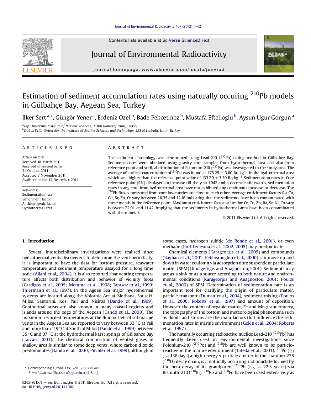 Estimation of sediment accumulation rates using naturally occuring 210Pb models in Gülbahçe Bay, Aegean Sea, Turkey