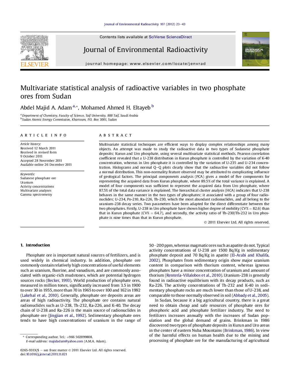 Multivariate statistical analysis of radioactive variables in two phosphate ores from Sudan