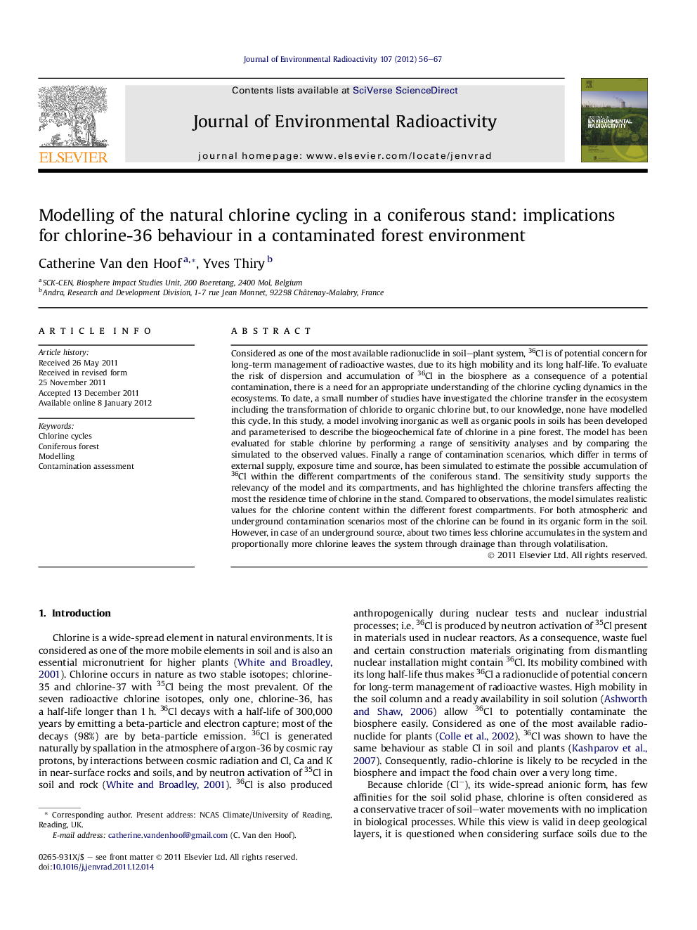 Modelling of the natural chlorine cycling in a coniferous stand: implications for chlorine-36 behaviour in a contaminated forest environment