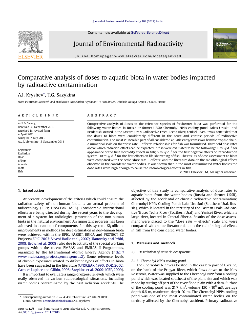 Comparative analysis of doses to aquatic biota in water bodies impacted by radioactive contamination