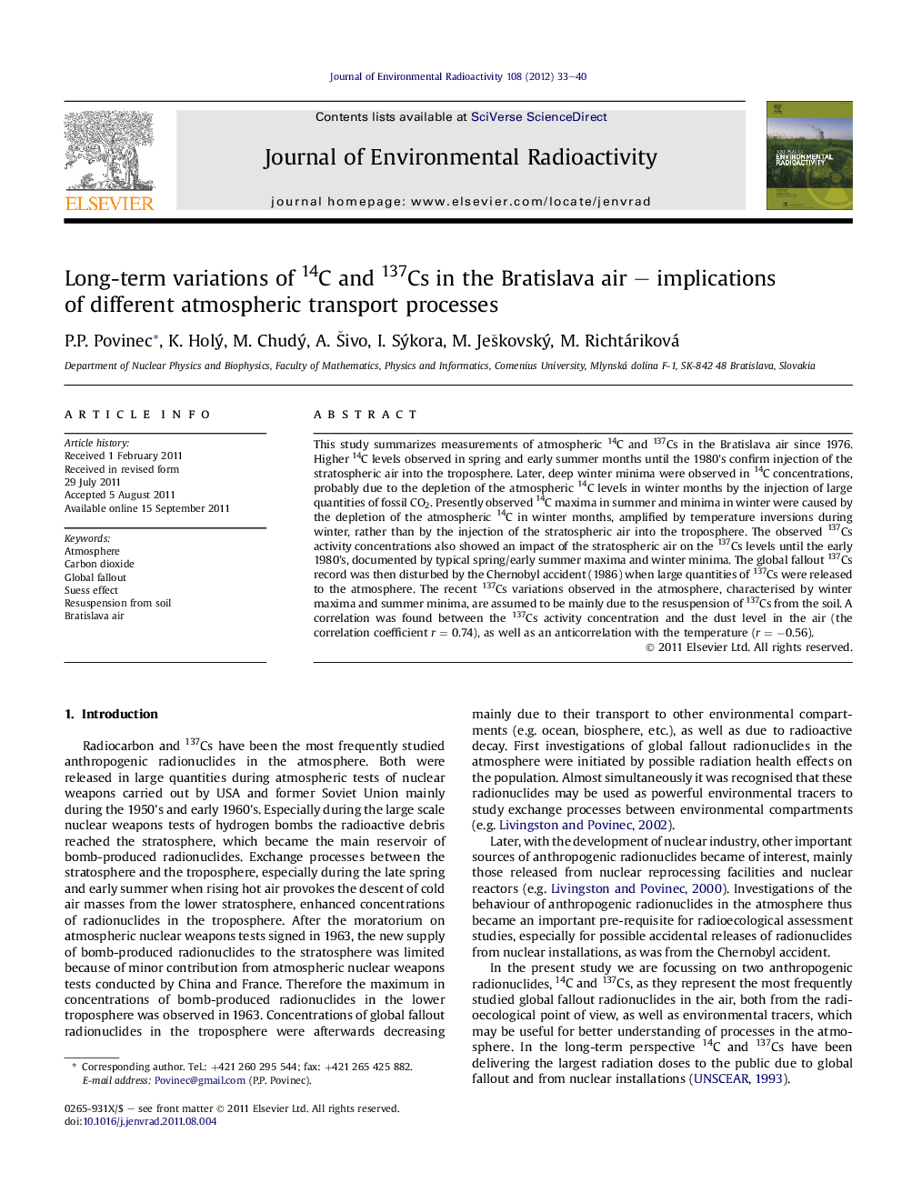 Long-term variations of 14C and 137Cs in the Bratislava air – implications of different atmospheric transport processes