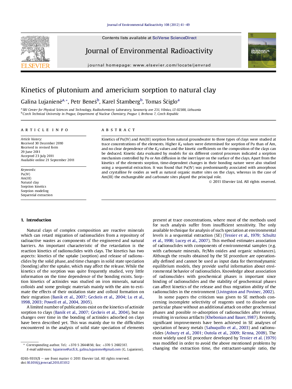 Kinetics of plutonium and americium sorption to natural clay