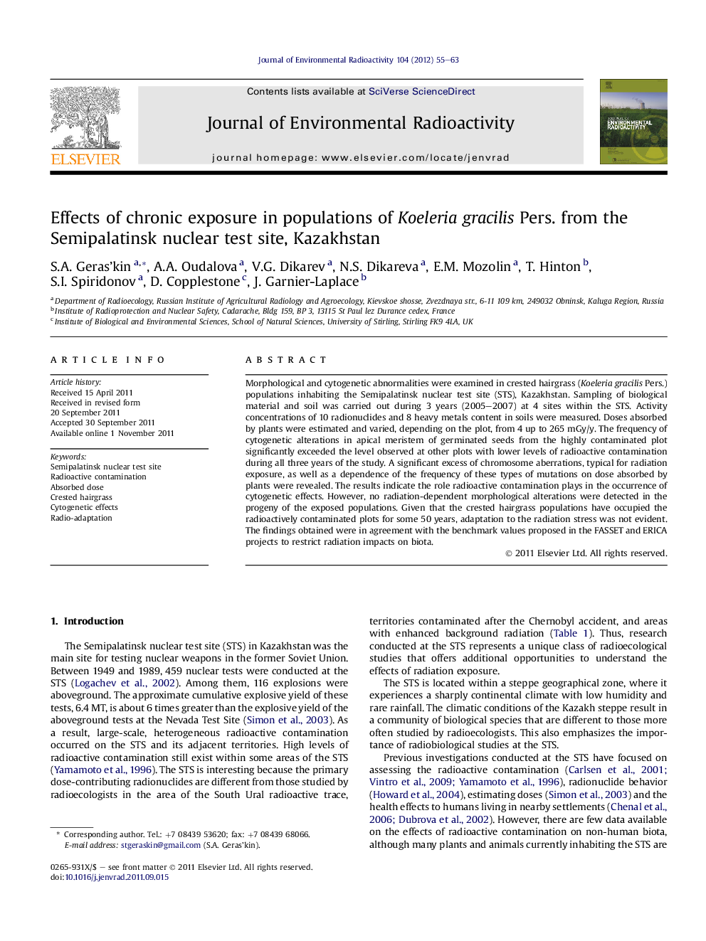 Effects of chronic exposure in populations of Koeleria gracilis Pers. from the Semipalatinsk nuclear test site, Kazakhstan