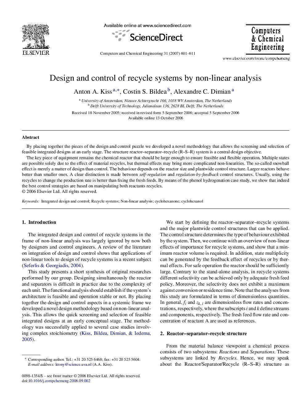 Design and control of recycle systems by non-linear analysis